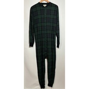 J. Crew Union Suit Mens Medium Green Black Plaid Long Sleeve Button Pajamas 1Pc